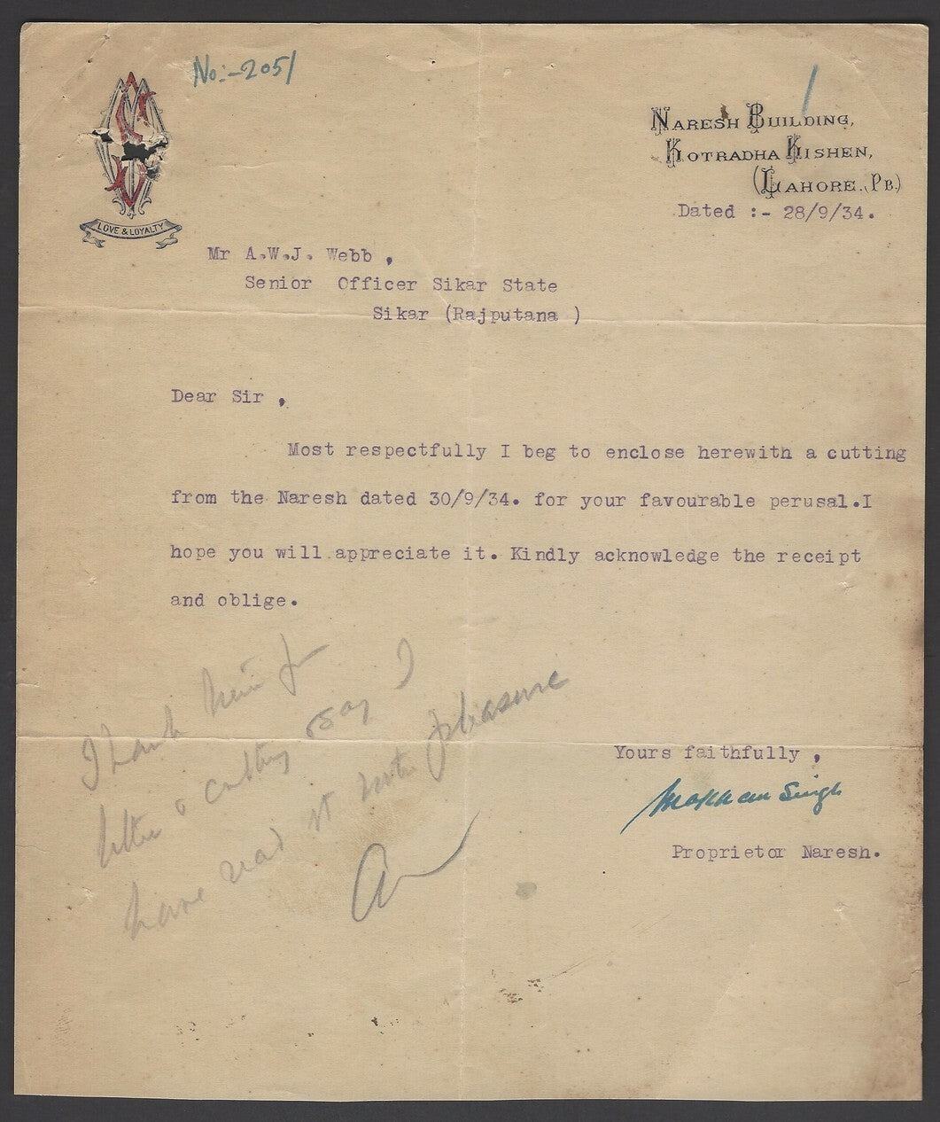 India 1934 crested letterhead signed Makhan Singh editor pro British anti Gandhi