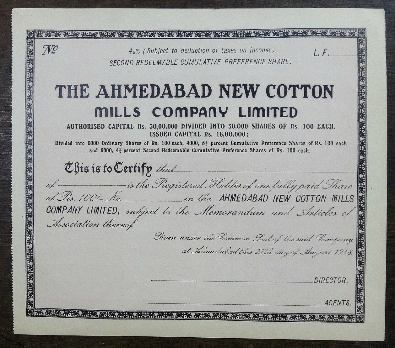 India 1948 Ahmedabad New Cotton Mills share certificate UNUSED