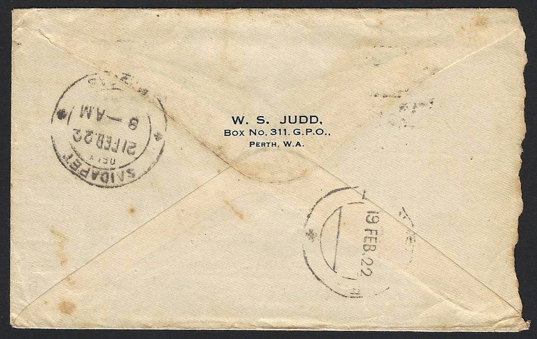 Australia 1922 cover to India with KGV 1/2d & 1 1/2d