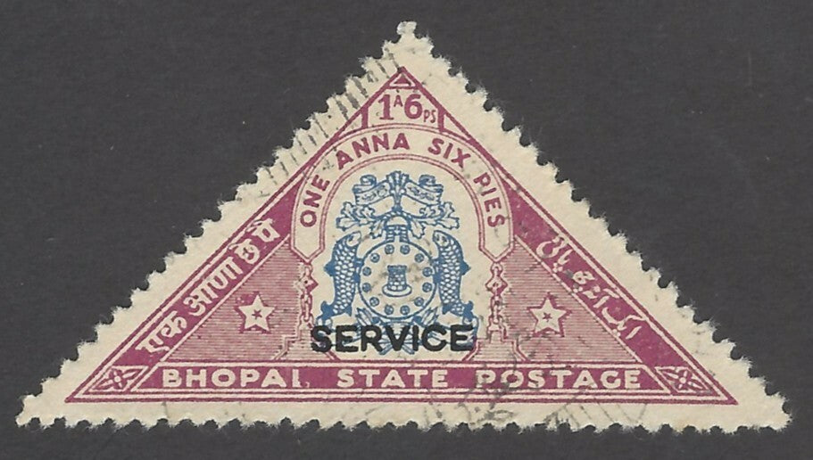 India Bhopal State 1935-39 triangular 1a6p with constant error BHOPAI for BHOPAL
