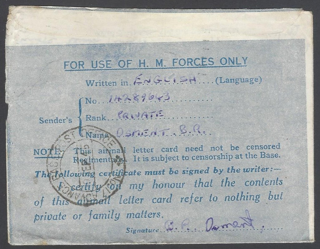 AOP India WW2 IAFF BLUE TRIANGLE air letter with GG/3 censor to UK