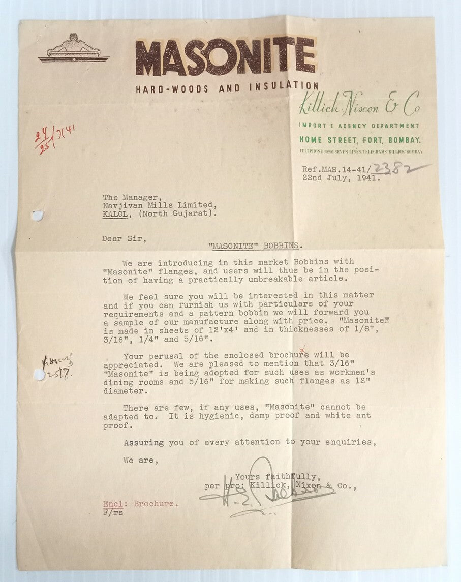 AOP Masonite Hard-woods & Insulation Bombay 1941 illustrated letterhead India