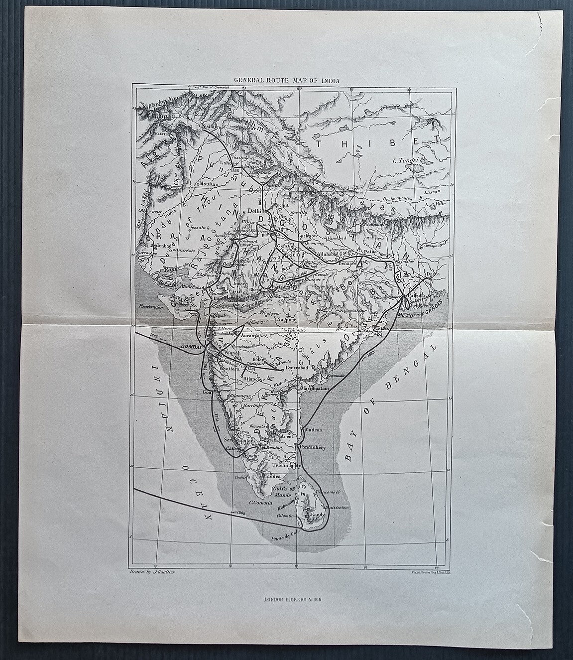 India GENERAL ROUTE MAP OF INDIA engraved print ex libris Rousslet 1876 13"x11"