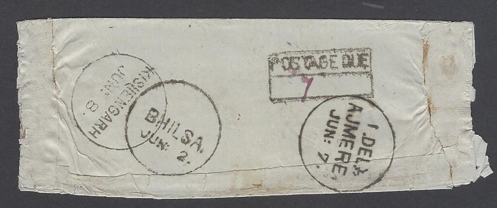 AOP India 1870s-80s Postage Due cover with postmarks AJMER, BHILSA & KISHENGARH
