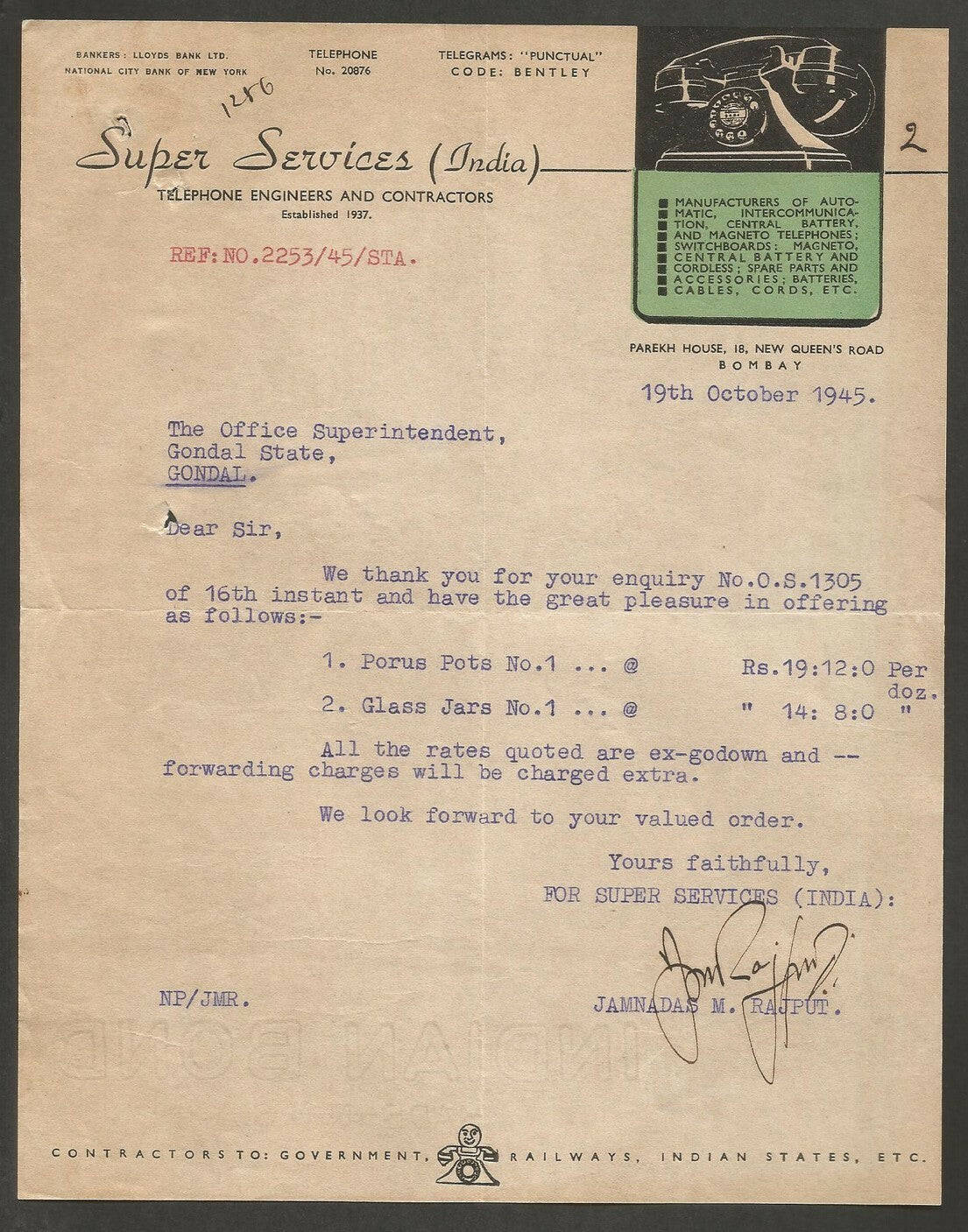 India 1945 illus letterhead TELEPHONE ENGINEERS & CONTRACTORS Bombay