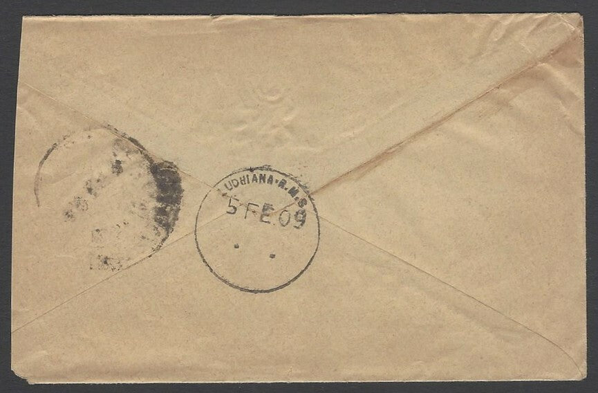 AOPIMT India 1909 cover with horseshoe "L-57.S.M.O. LUDHIANA / DUE / …. AS"
