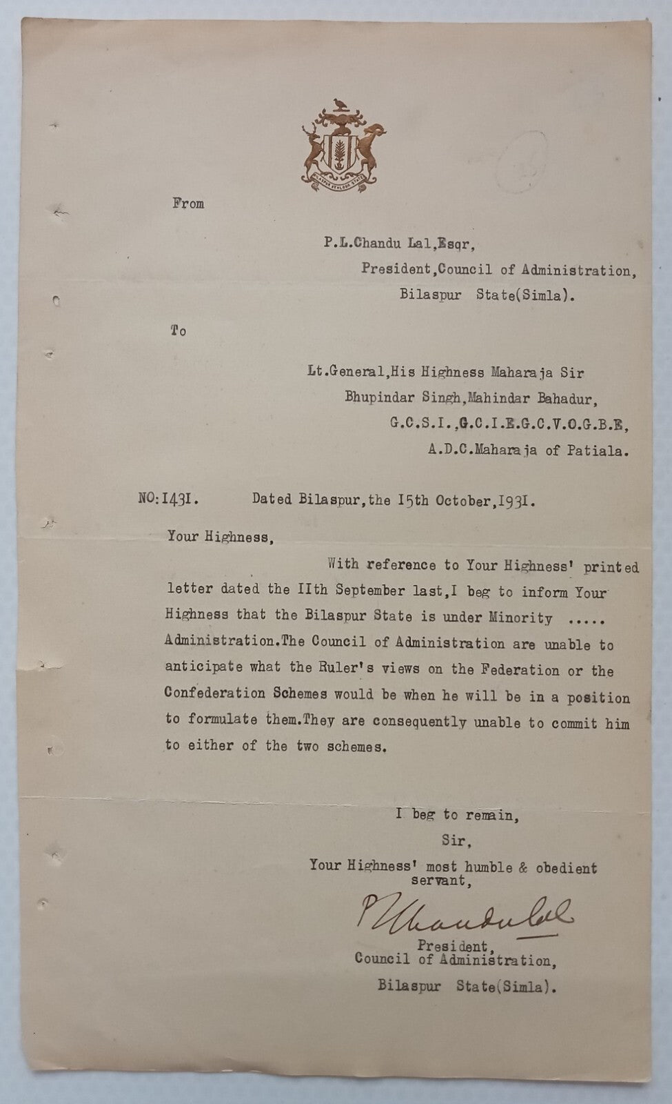 BILASPUR STATE crested letter 1931 India