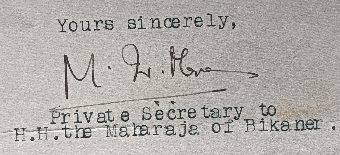 India 1942 crested letter PRIVATE SECRETARY / BIKANER signed