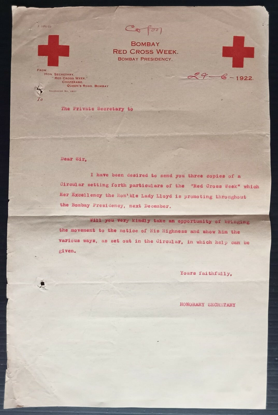 AOP India 1922 Bombay Red Cross Week, Bombay Presidency 1922 letterhead