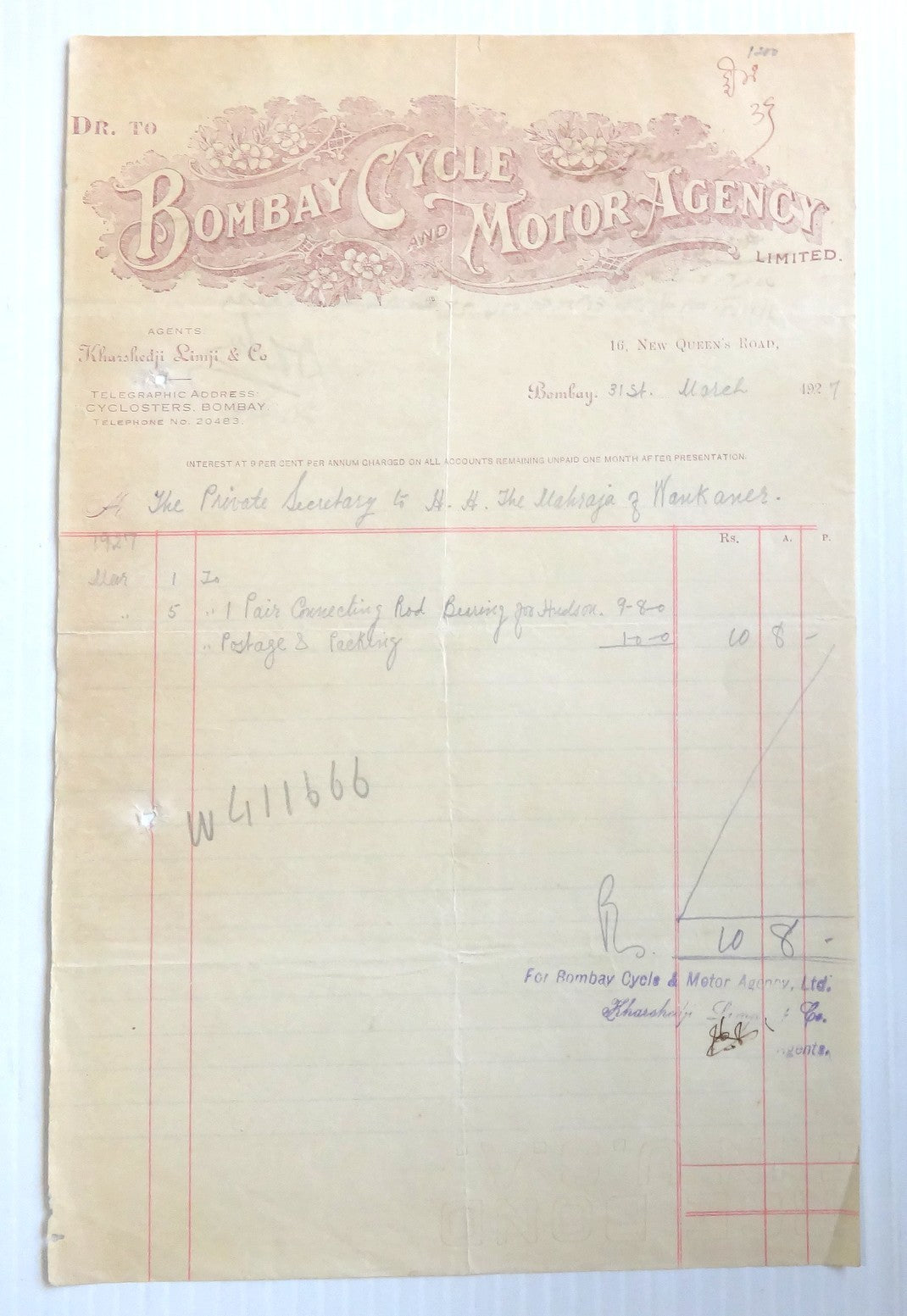 India 1927 illustrated billhead BOMBAY CYCLE & MOTOR AGENCY - DODGE CARS