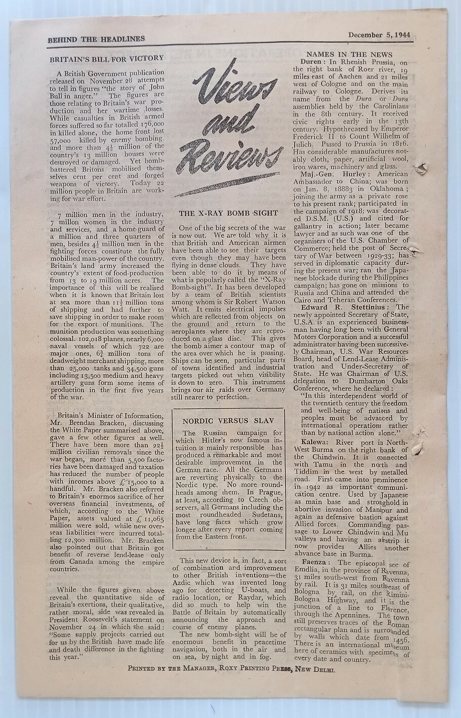 AOP India 1944 WW2 Propaganda rag BEHIND THE HEADLINES THE X-RAY BOMB SIGHT 8pgs