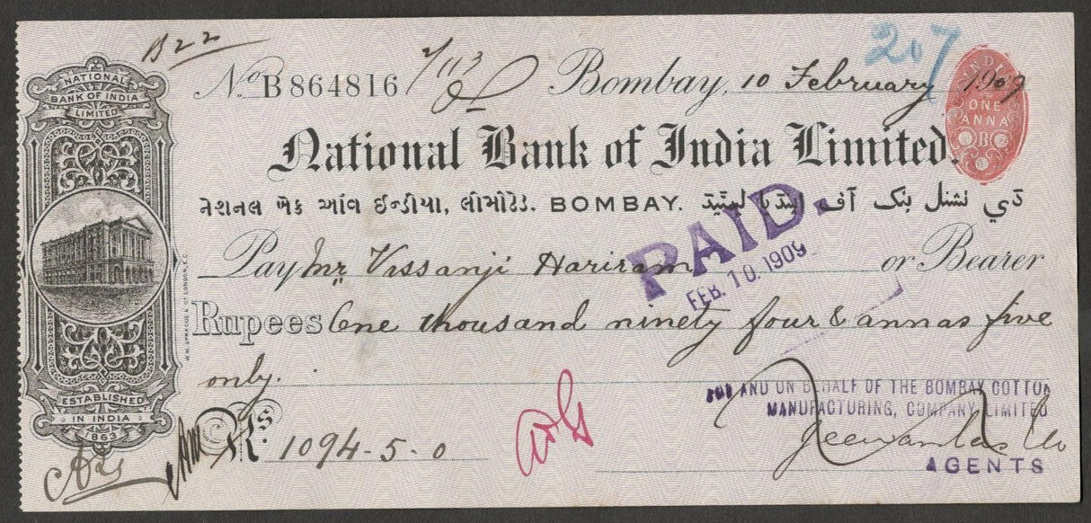 AOP National Bank of India Ltd., Bombay 1909 check cheque