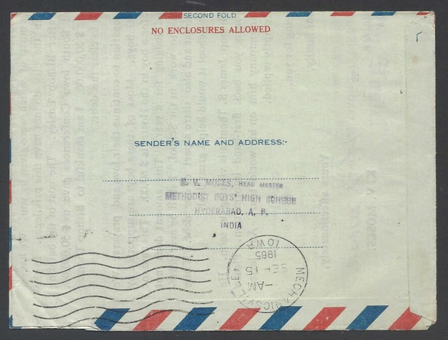 India 0.55 air letter used & redirected 1965 to USA HG #FG36