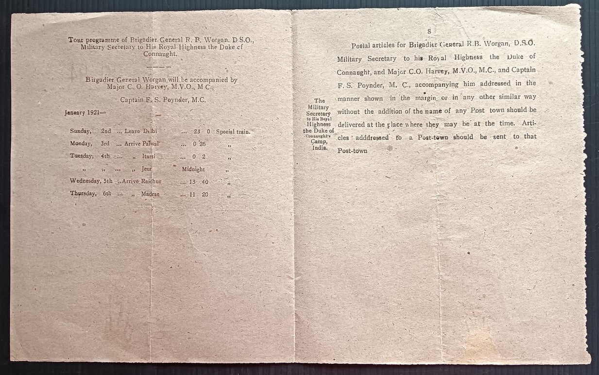 India 1920 TOUR NO. 94 leaflet Duke of Cannaught Visit