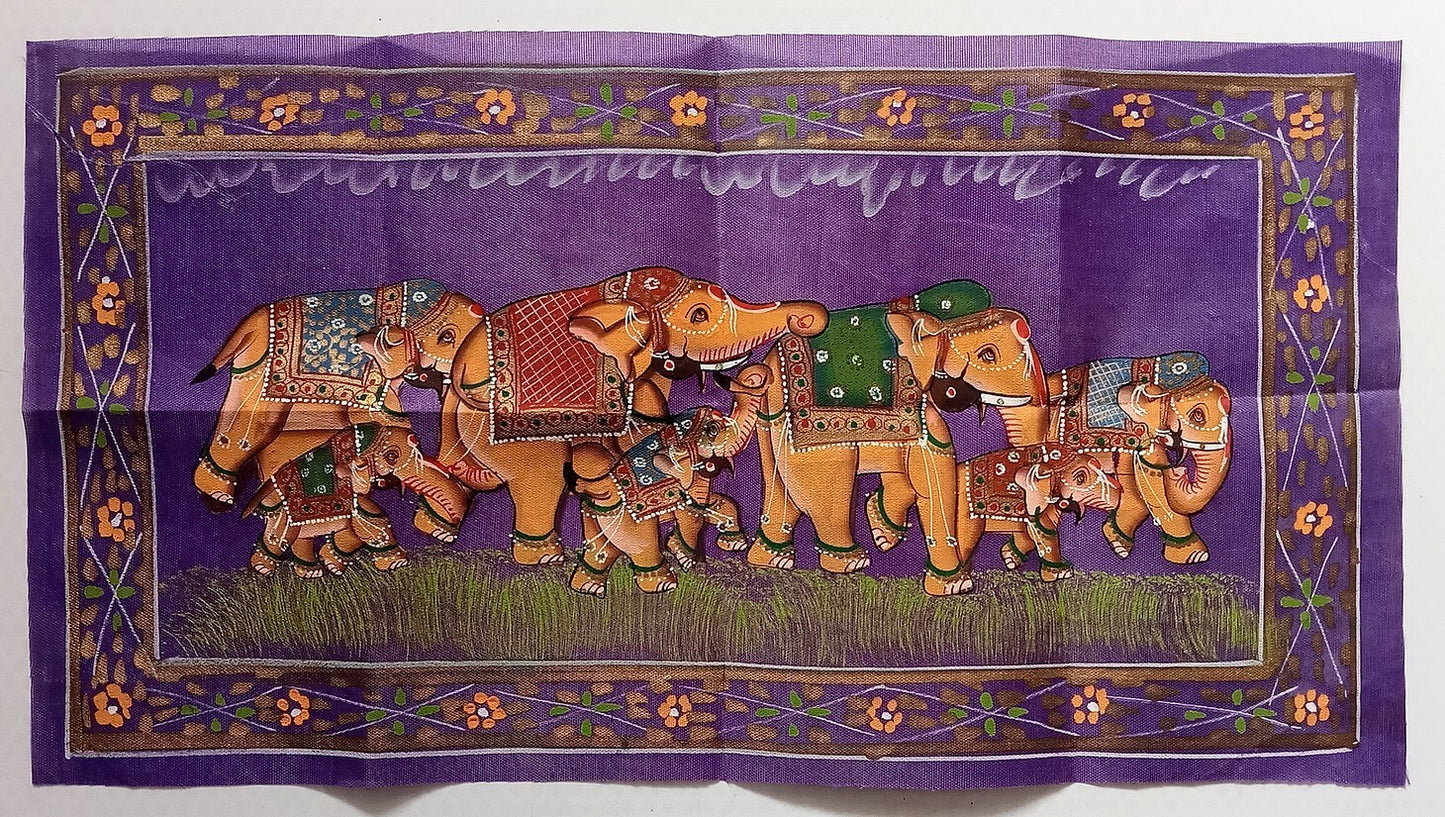 India vintage hand painting on cloth SEVEN ELEPHANTS 7 x 13 inches