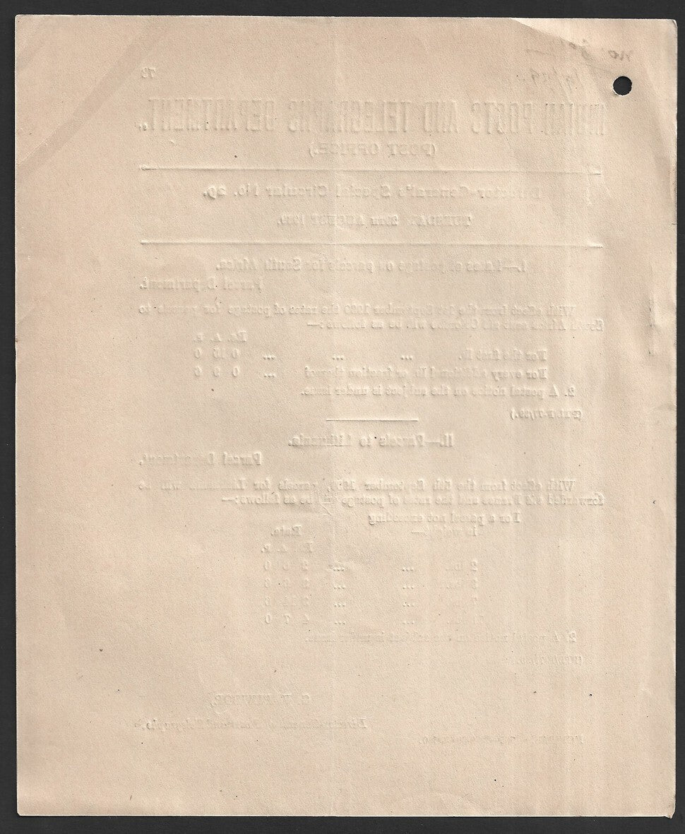 India 1939 POSTAL NOTICE Rates of Postage parcels for South Africa & Lithuania