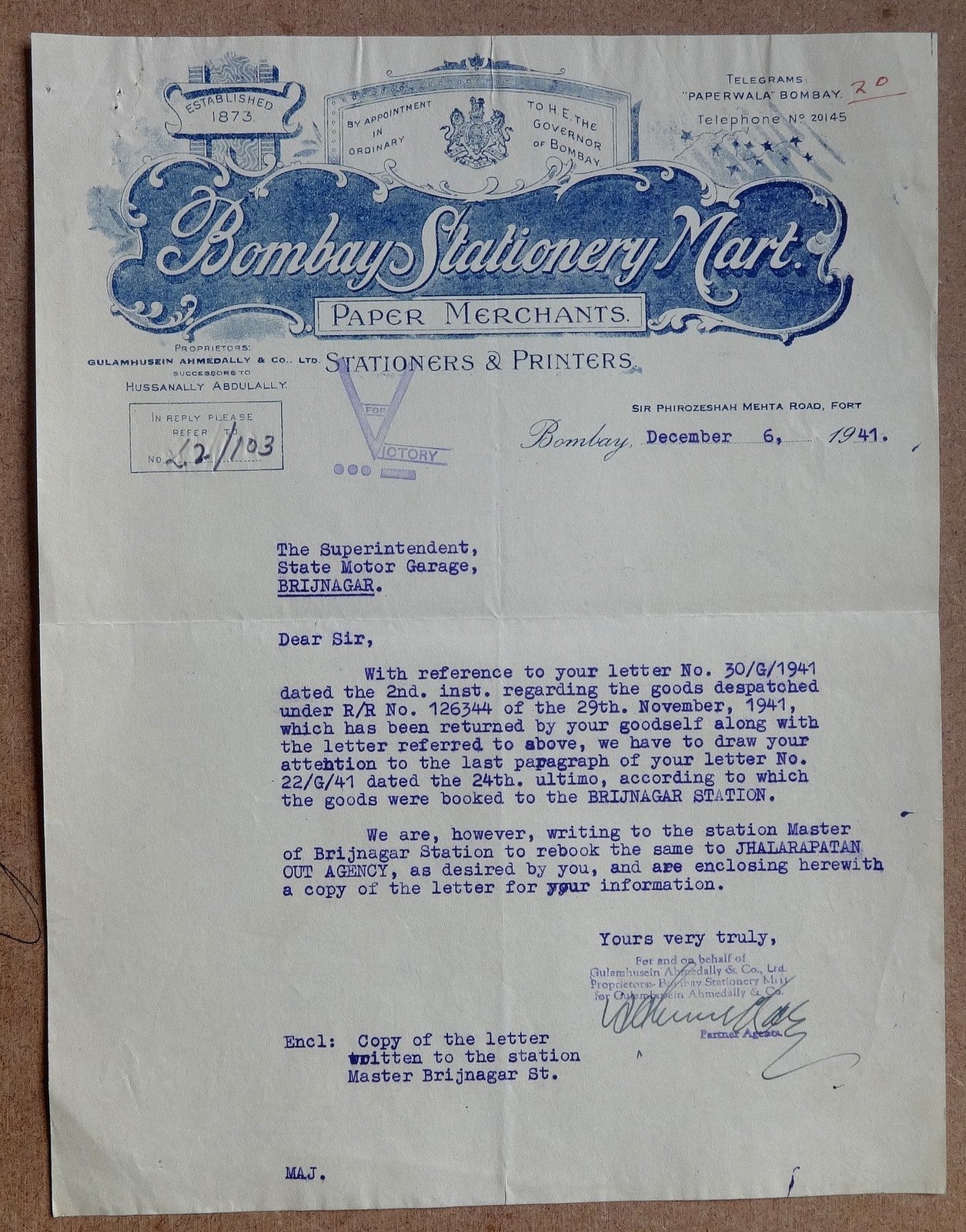 Bombay Stationery Mart India 1941 letterhead with VICTORY slogan hs