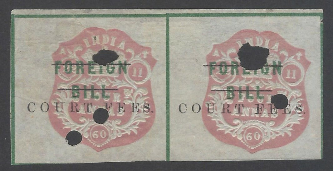 AOP India QV 1870 COURT FEES black ovpt on QV FOREIGN BILL 4a used pair Bft 19