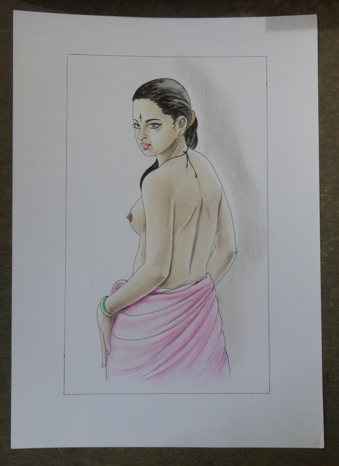Nude Indian beauty watercolors crayons & ink on card 12''x 17''