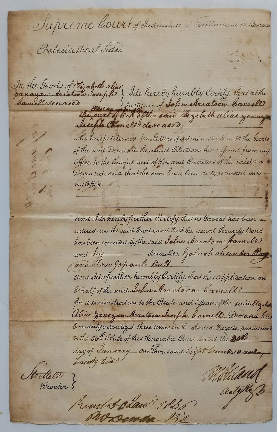 AOP India 1826 Supreme Court, Fort Williams, Calcutta document