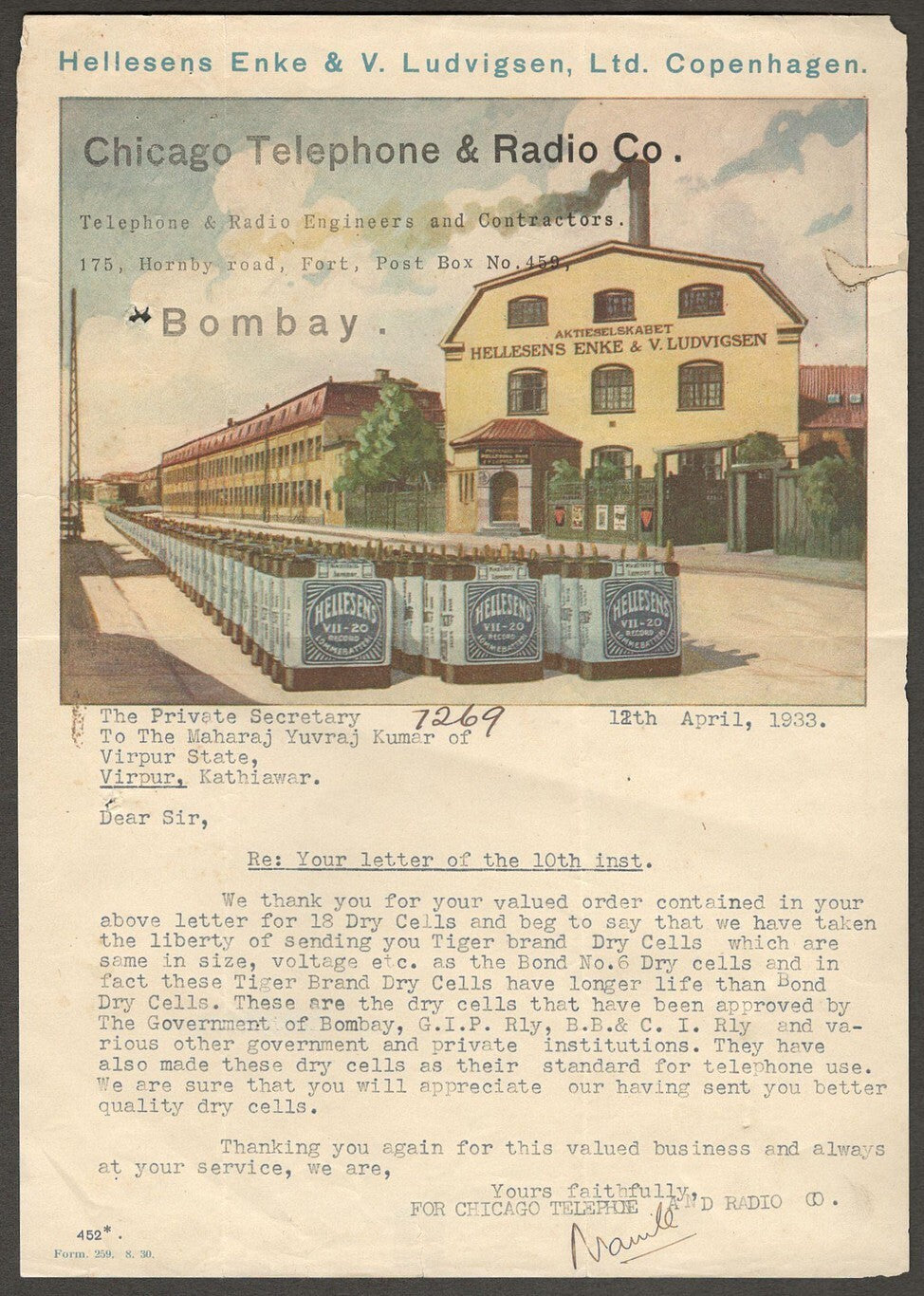 (AOP) India 1933 pictorial letterhead CHICAGO TELEPHONE & RADIO CO.
