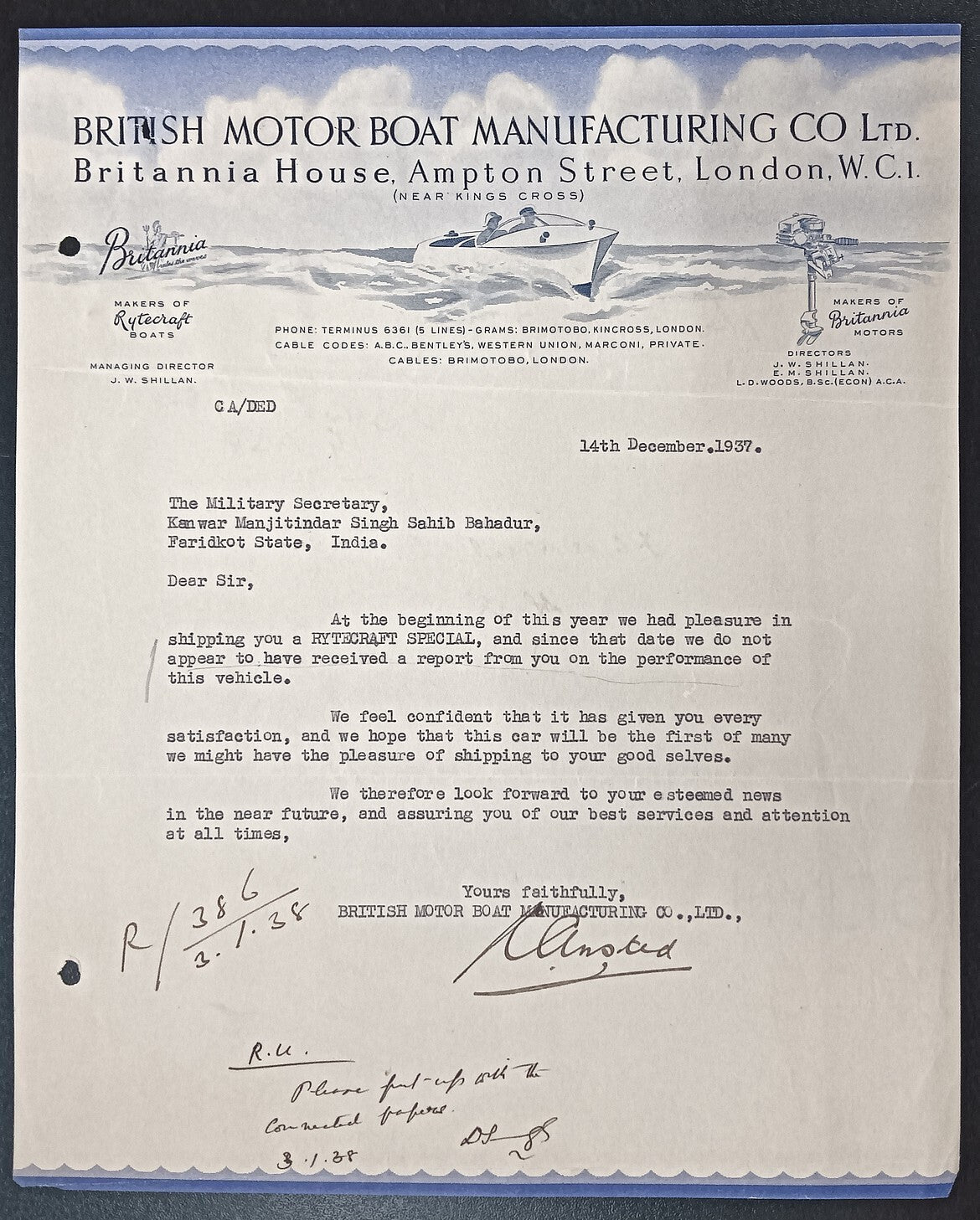 BRITISH BOAT MNF. CO. 1936 pictorial letterhead to India