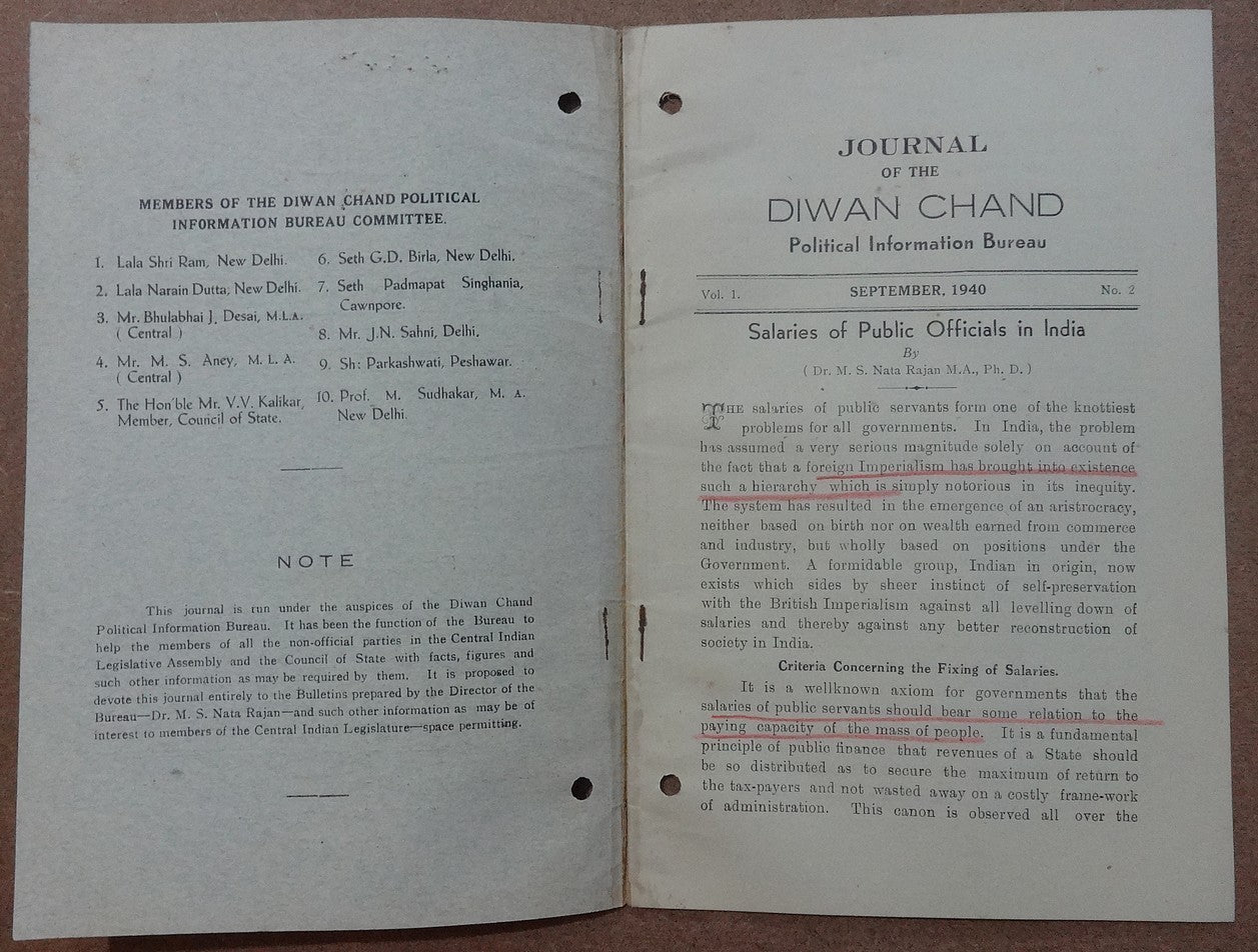 Dewan Chand Political Information Bureau monthly 1940 SALARIES OF INDIAN OFFICIA