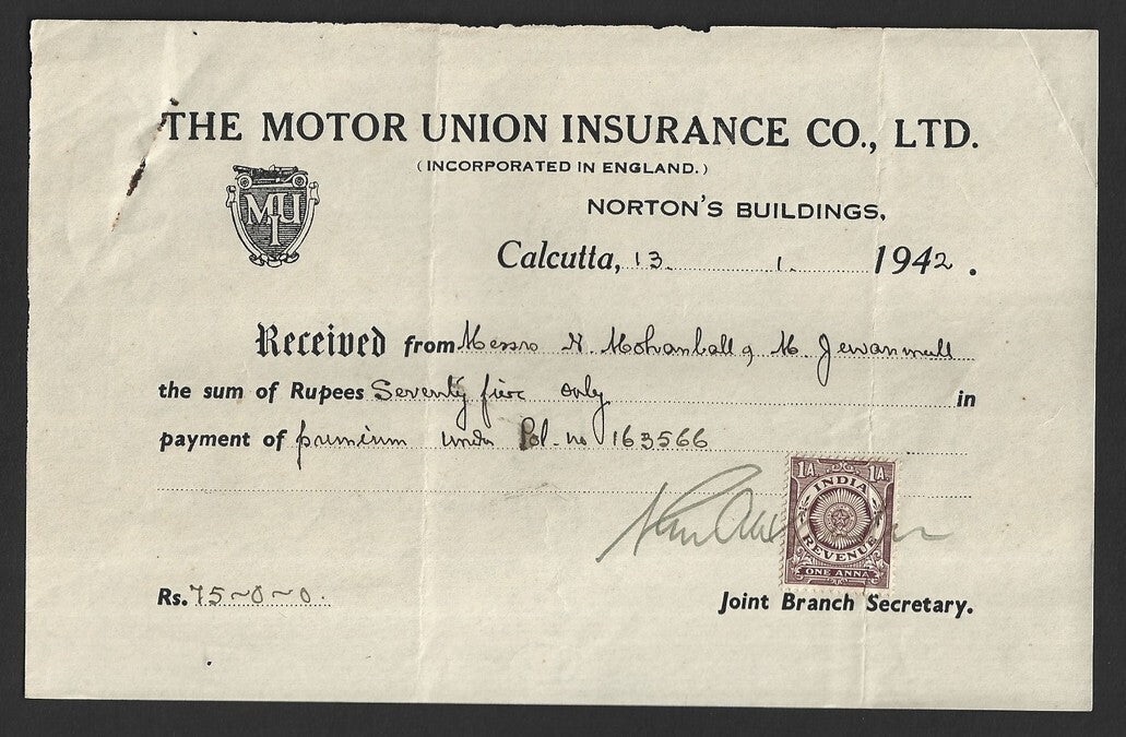 India 1942 THE MOTOR UNION INSURANCE, Calcutta premium receipt