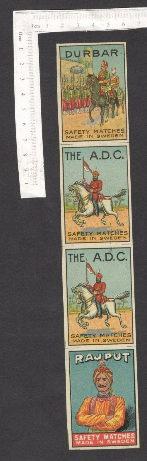 India 1930s-40s uncut strip of 3 different matchbox labels DURBAR + ADC + RAJPUT