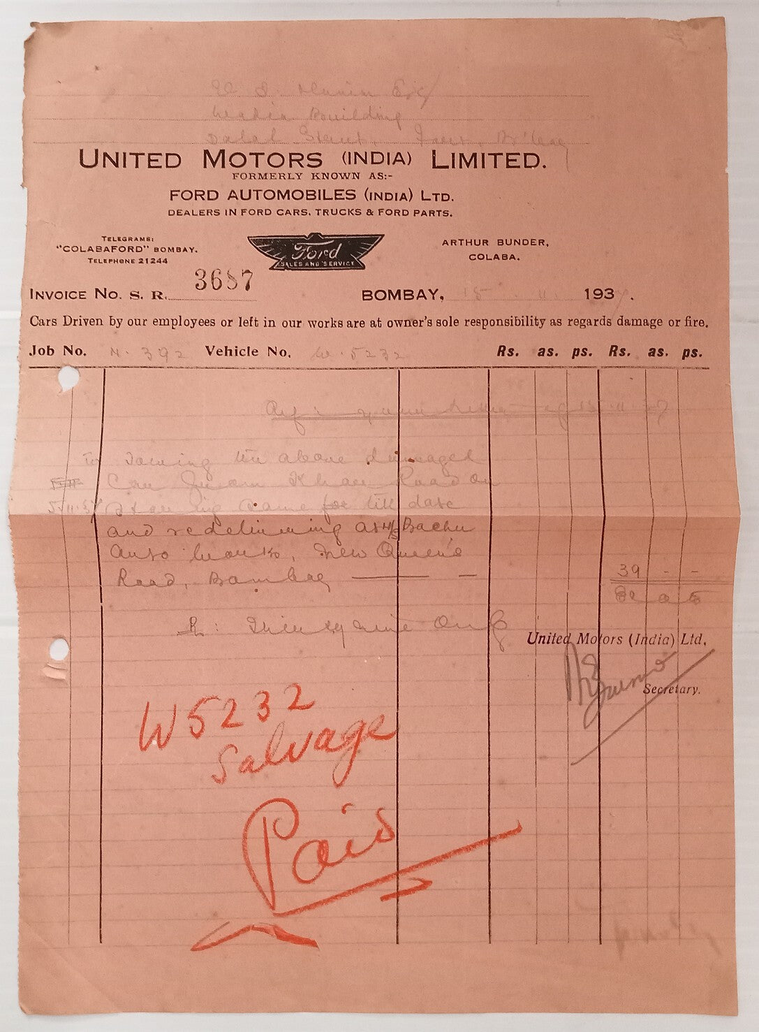 AOP India 1937 billhead FORD AUTOMOBILES (INDIA) LTD., Bombay
