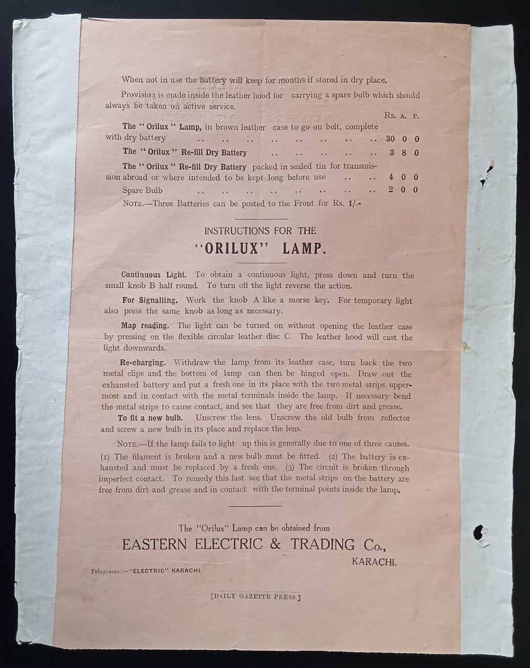India 1940sTHE ORILUX Military Reading & Signalling Lamp advertisement leaflet