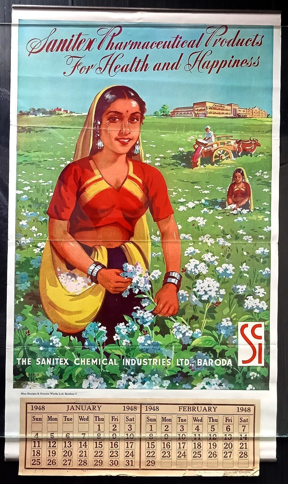 India 1948 The Sanitex Pharmacutical Products, Baroda advertisement calender