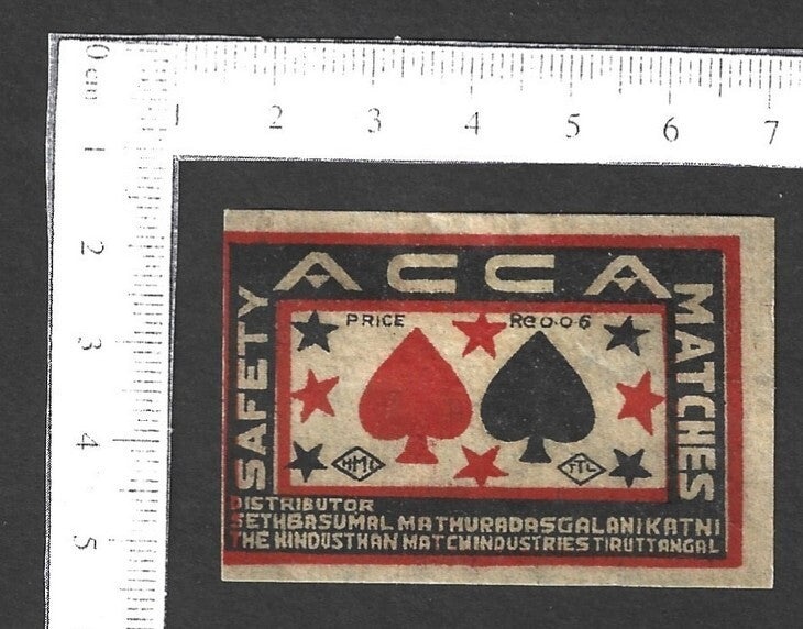 India VINTAGE matchbox label ACCA (ACE) by The Hindustan Match Industries