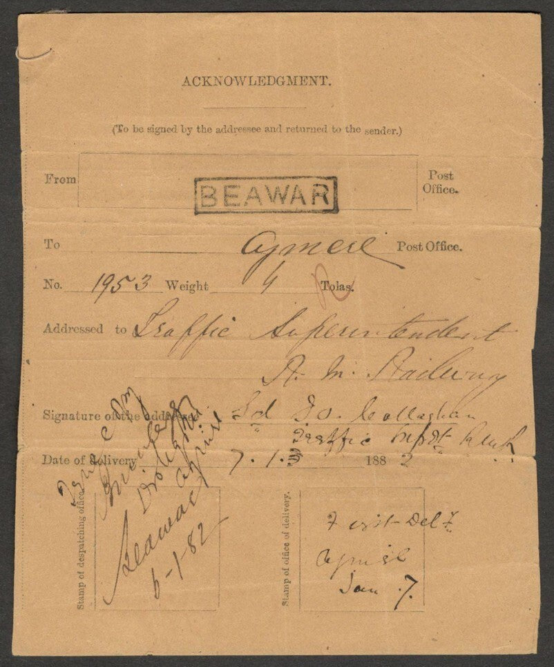 AOP India On Postal Service AR flimsy 1882 with ms details in place of postmarks