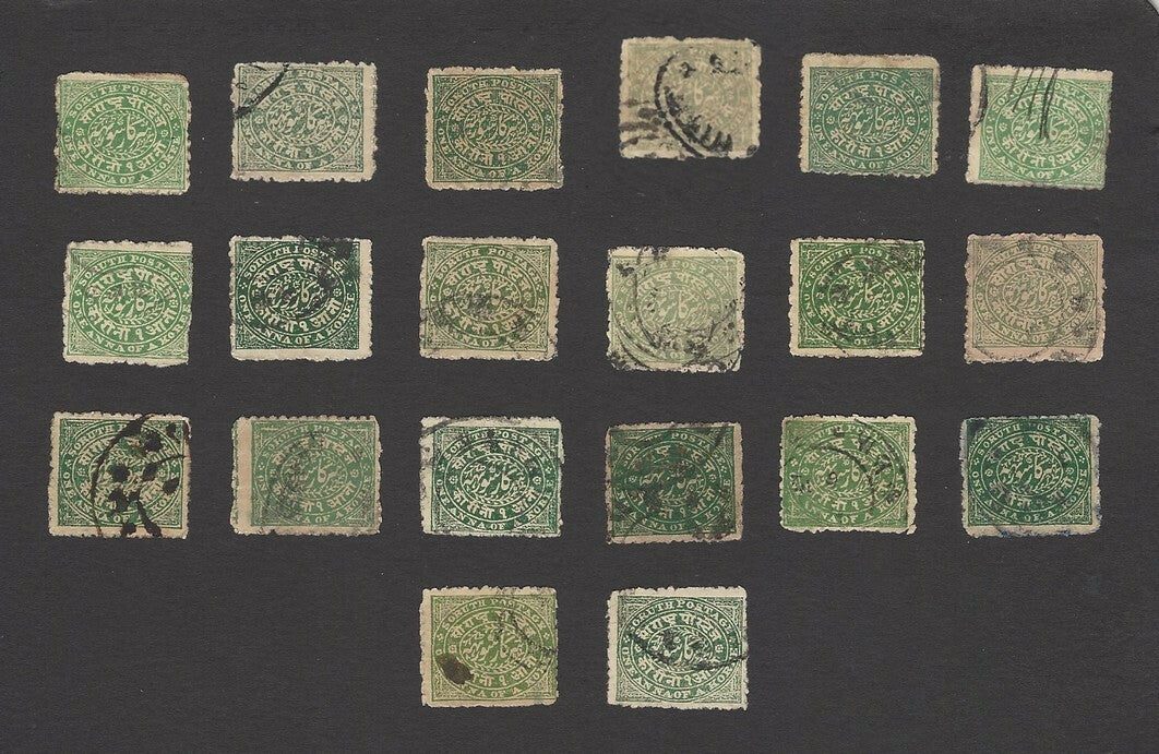 India Saurashtra State 1886 1a green collection of shades & postmarks (22)