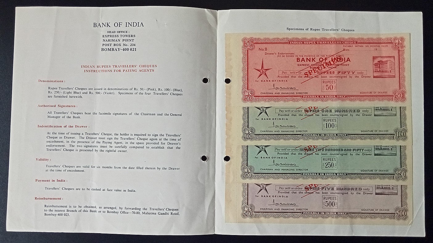 Bank of India SPECIMEN Travelers cheques (4) in folder