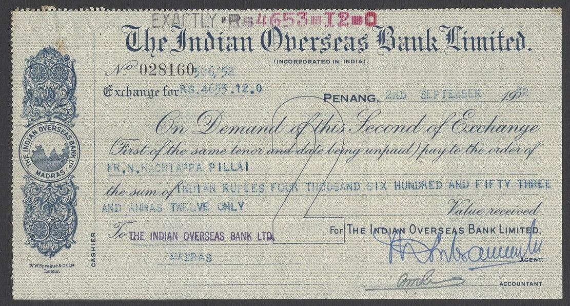 Malaya The Indian Overseas Bank Ltd. Penang 1952 cheque check