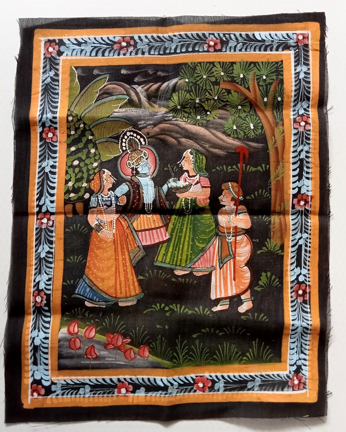 India vintage hand painting on cloth RADHA & KRISHNA 10 x 13 inches