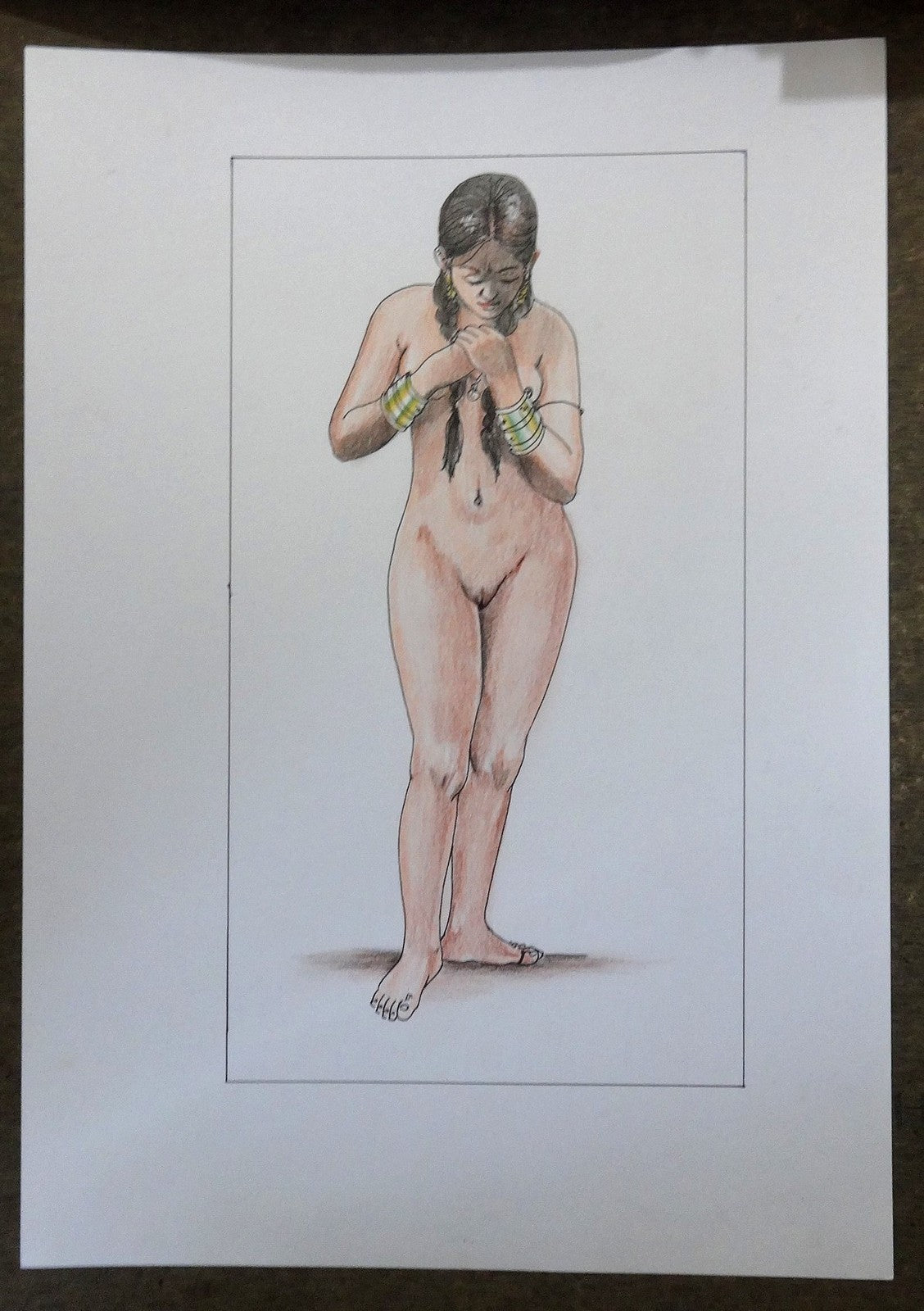 Nude Indian beauty watercolors crayons & ink on card 12''x 17''