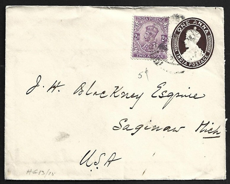AOP India KGV 1a envelope uprated KGV 2a to USA