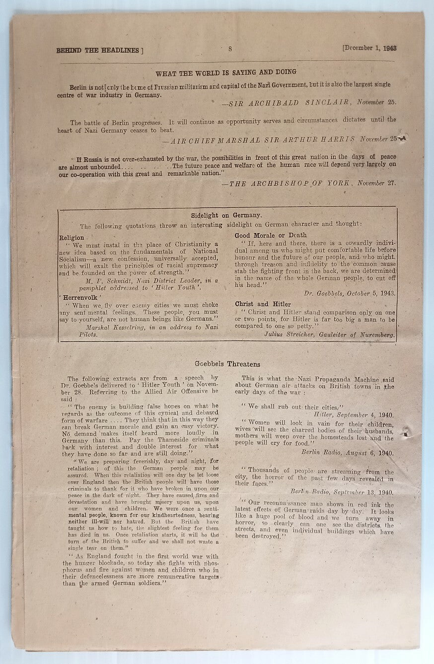 India 1943 WW2 Propaganda rag BEHIND THE HEADLINES RUSSIAN ADVANCE CONTINUES 8pg