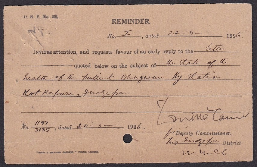India 1926 uprated KGV SERVICE POST CARD 1/4a with "FARIDKOT/TEL" dc