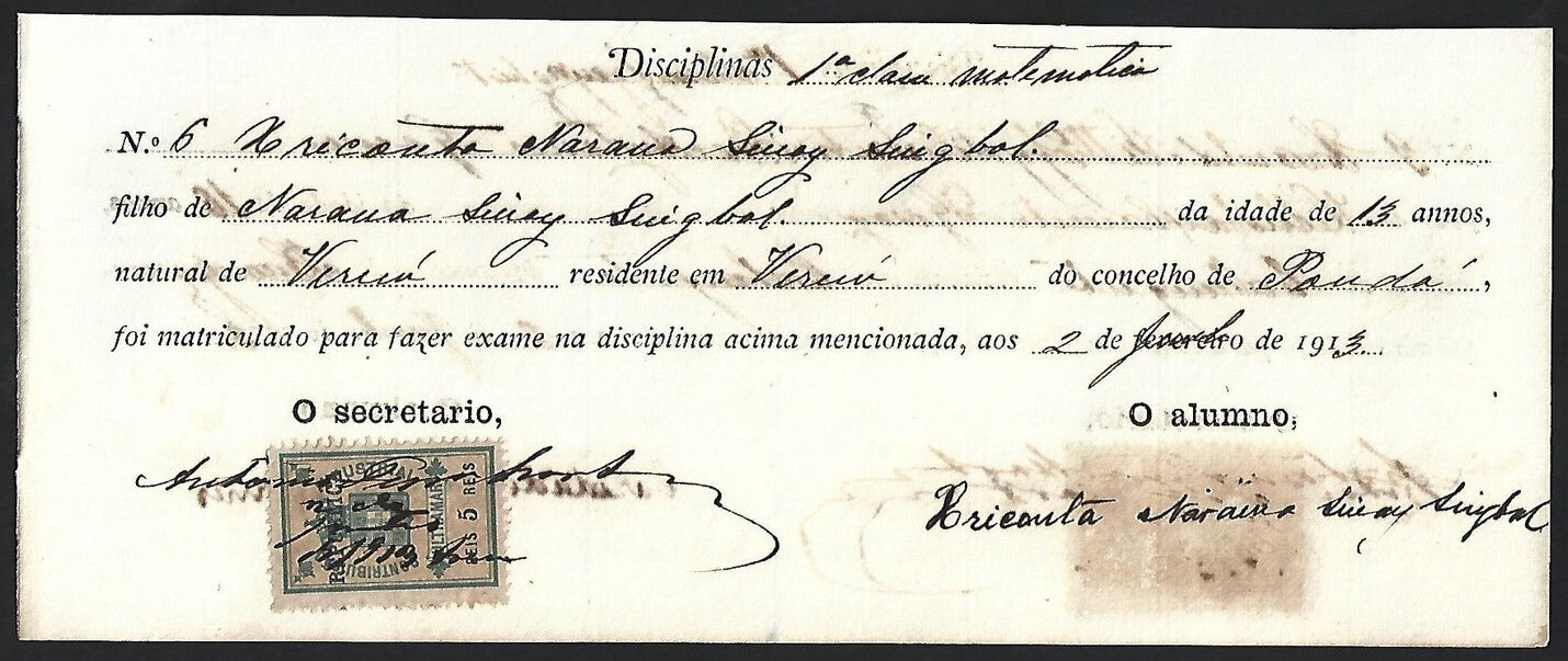 Portuguese India revenue stamps on small school document