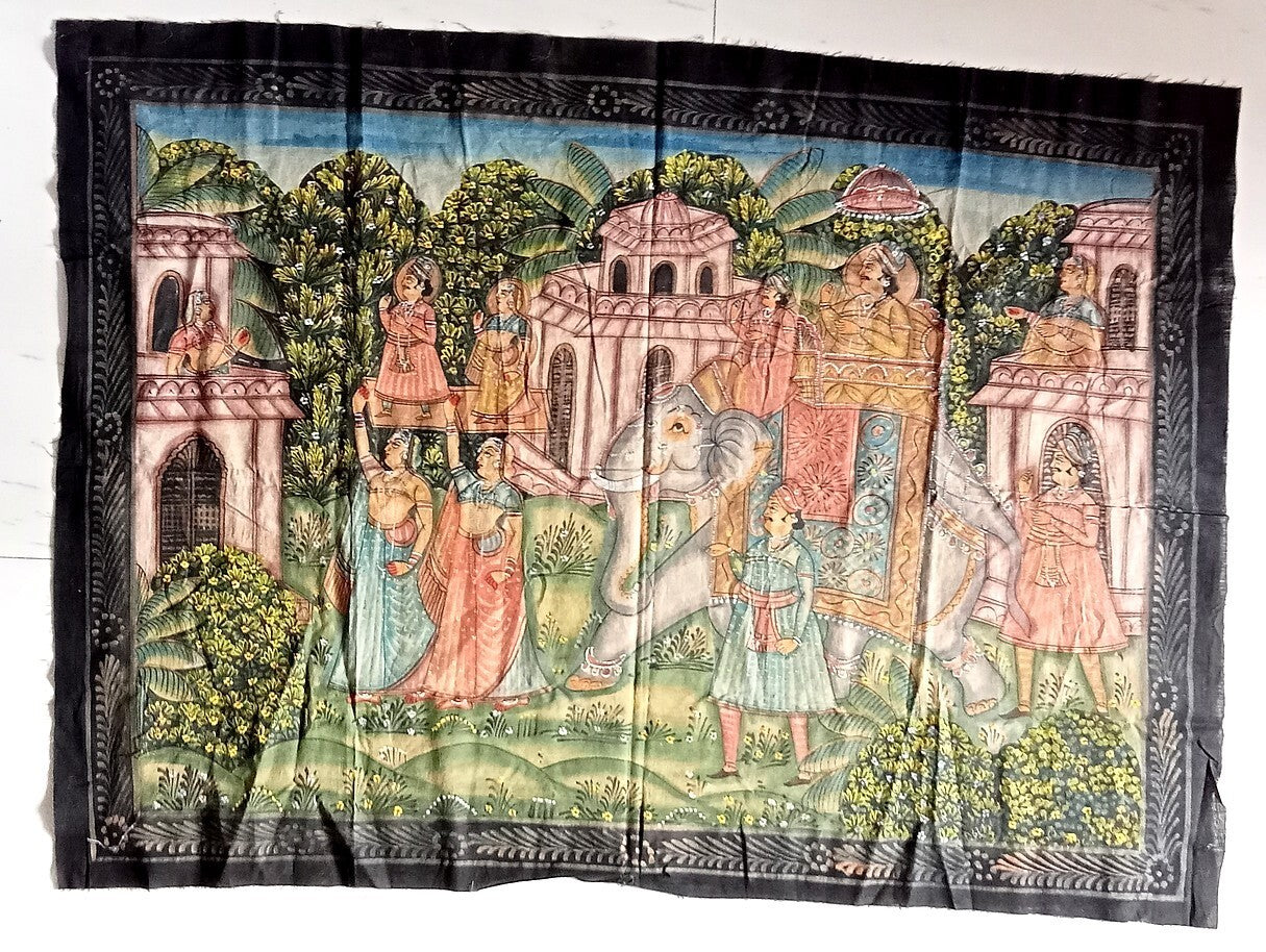 India vintage hand painting on cloth RAJASTHAN ROYALS 29 x 40 inches