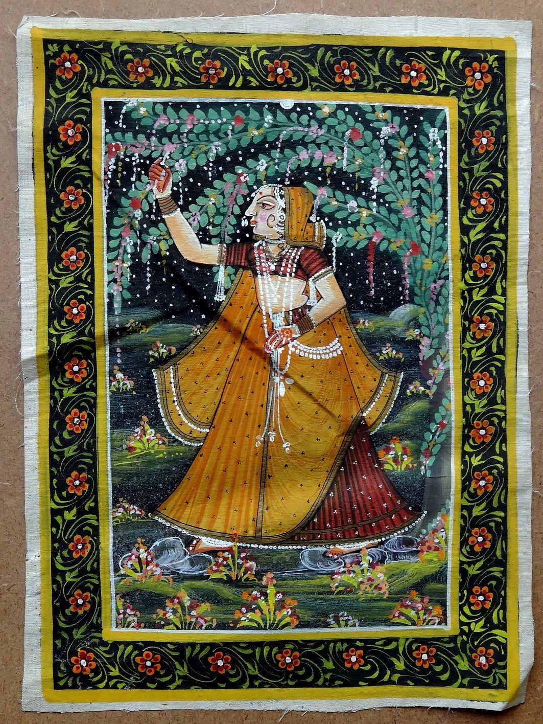 Radha dancing handpainted on cloth 20x28cm India Hindu Art