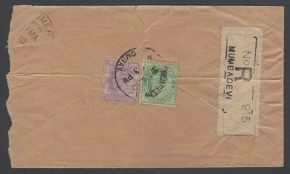 AOPIMT India KEdVII 1910 registered cover Mumbadevi to Ajmer