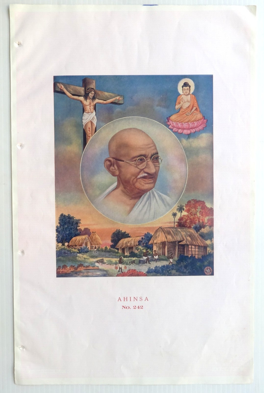 India vintage calendar sample AHINSA Gandhi, Jesus & Buddha 11.5”x18”