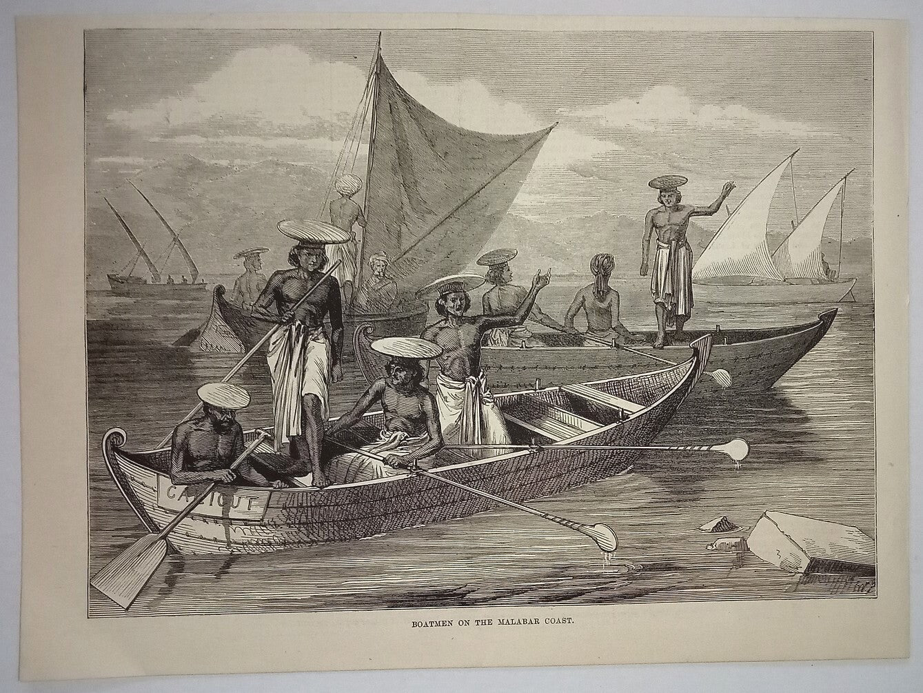 Illustrated London News 1877 print BOATMEN ON THE MALABAR COAST (INDIA)