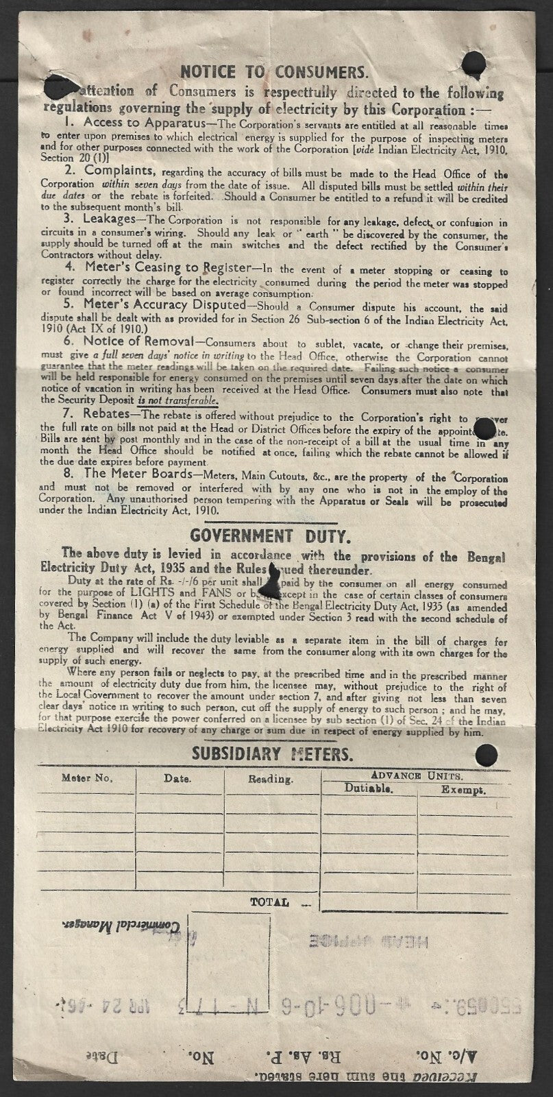 India CESB Calcutta Electric Supply Co. meter on 1946 bill