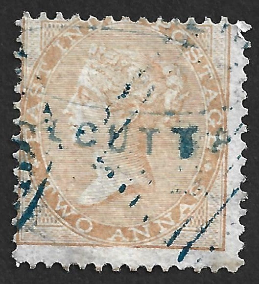AOP India QV 1856-64 2a yellow canc. blue duplex. SG 44 £65